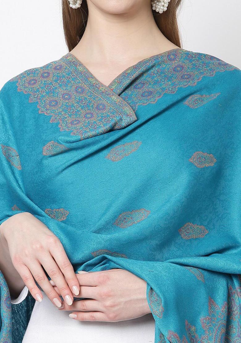 Turquoise Blue Woven Design Woolen Shawls - Indya