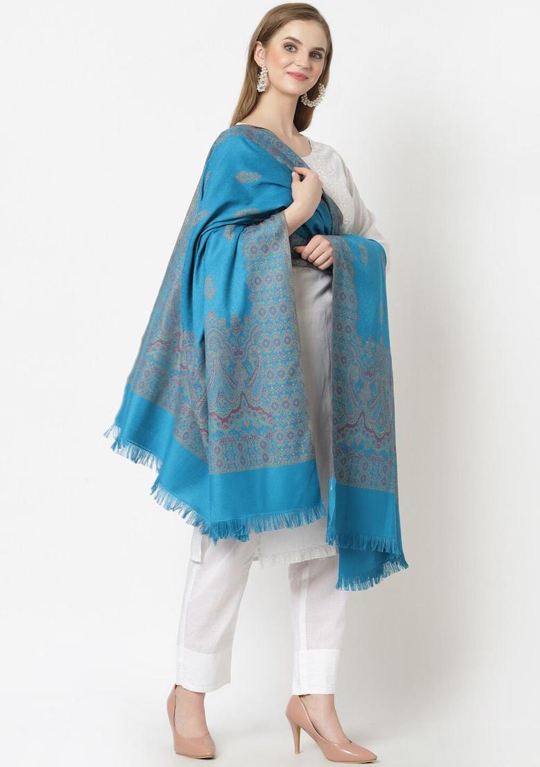 Turquoise Blue Woven Design Woolen Shawls - Indya