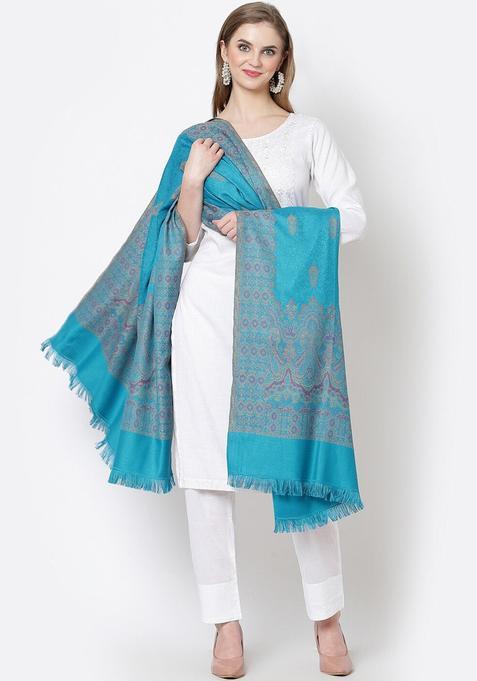 Turquoise Blue Woven Design Woolen Shawls
