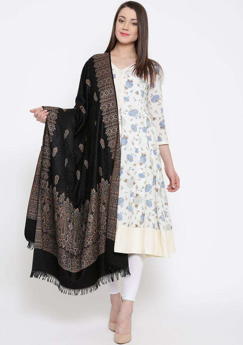 Black Woven Design Woolen Shawls - Indya