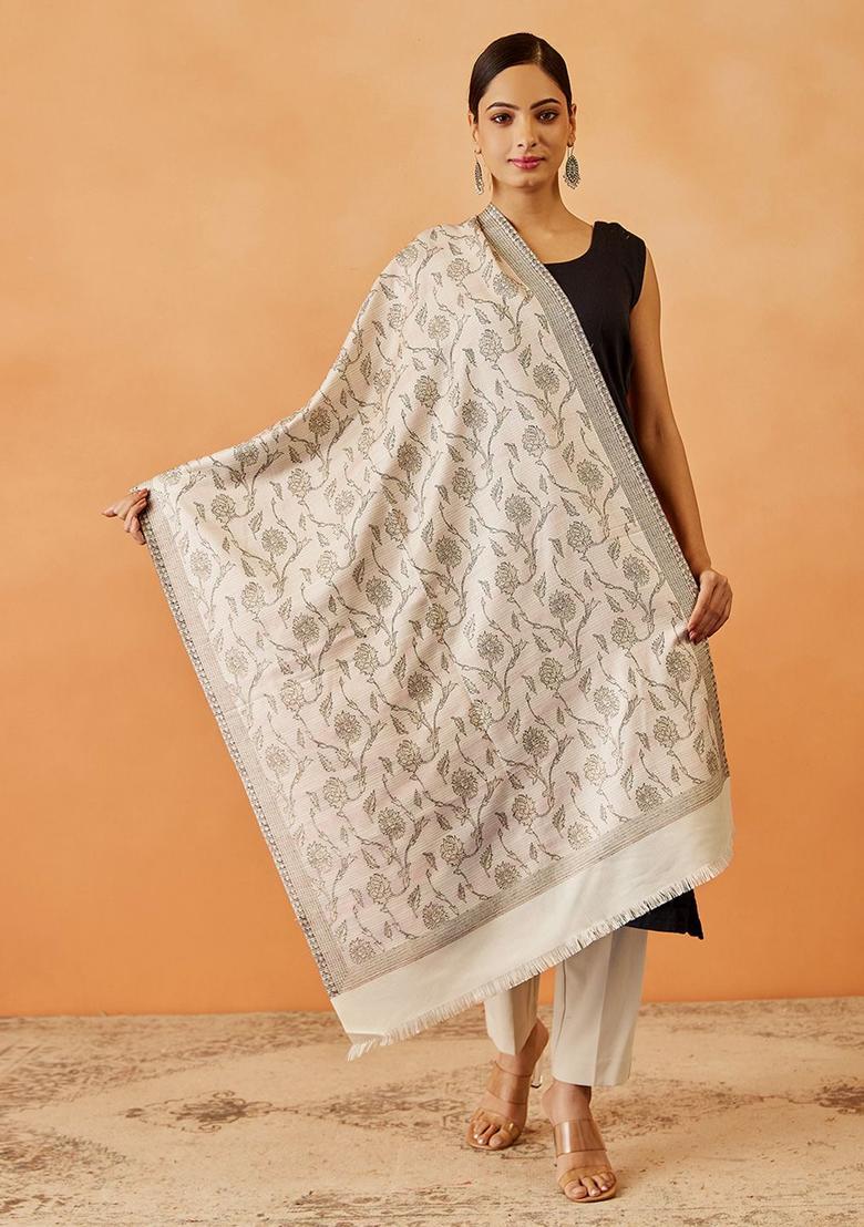 White Paisley Woolen Shawls - Indya