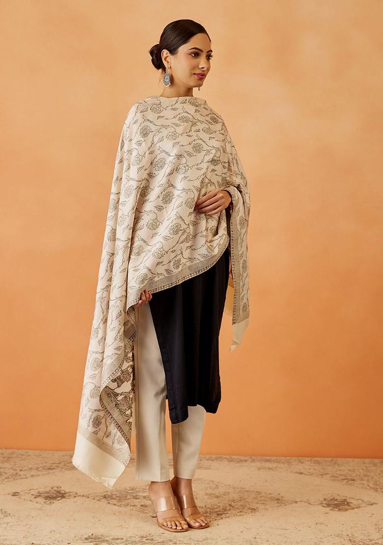 White Paisley Woolen Shawls - Indya