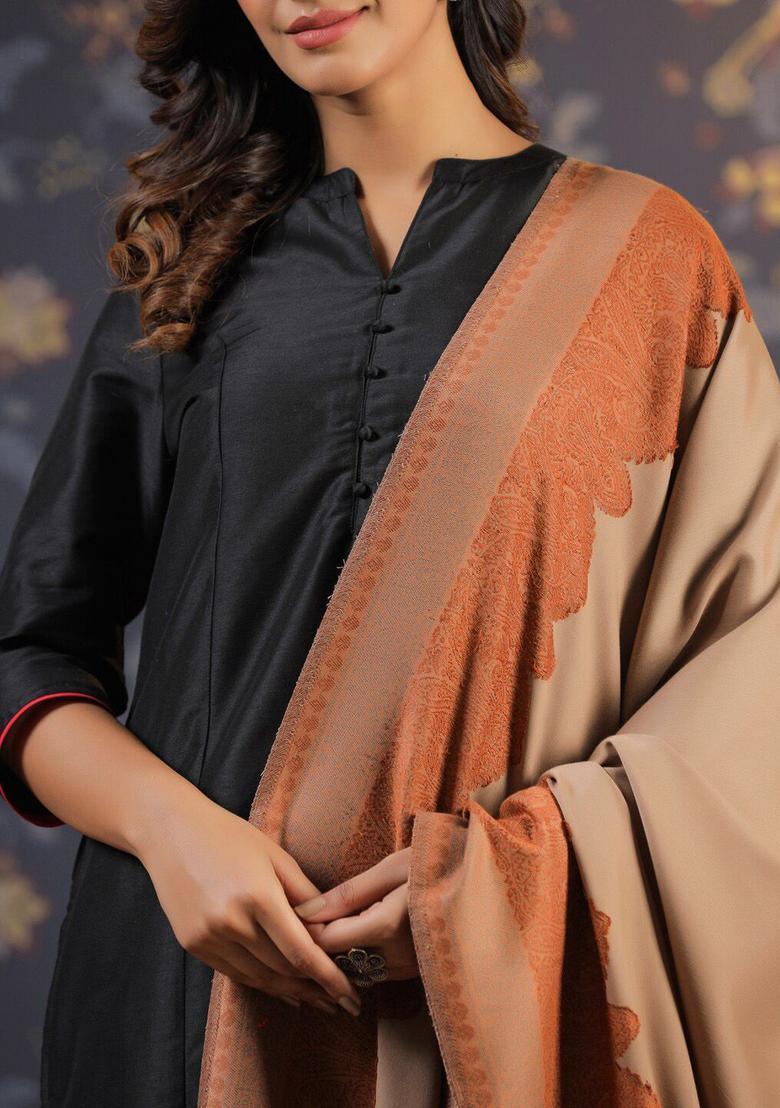 Beige Floral Woolen Shawls - Indya