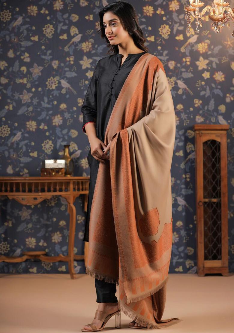 Beige Floral Woolen Shawls - Indya