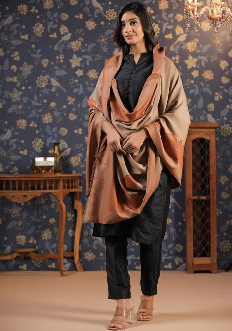 Beige Floral Woolen Shawls