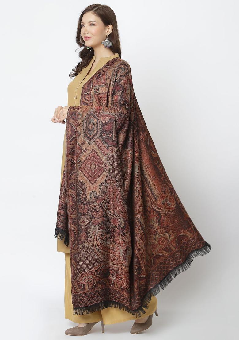 Brown Woven Design Woolen Shawls - Indya