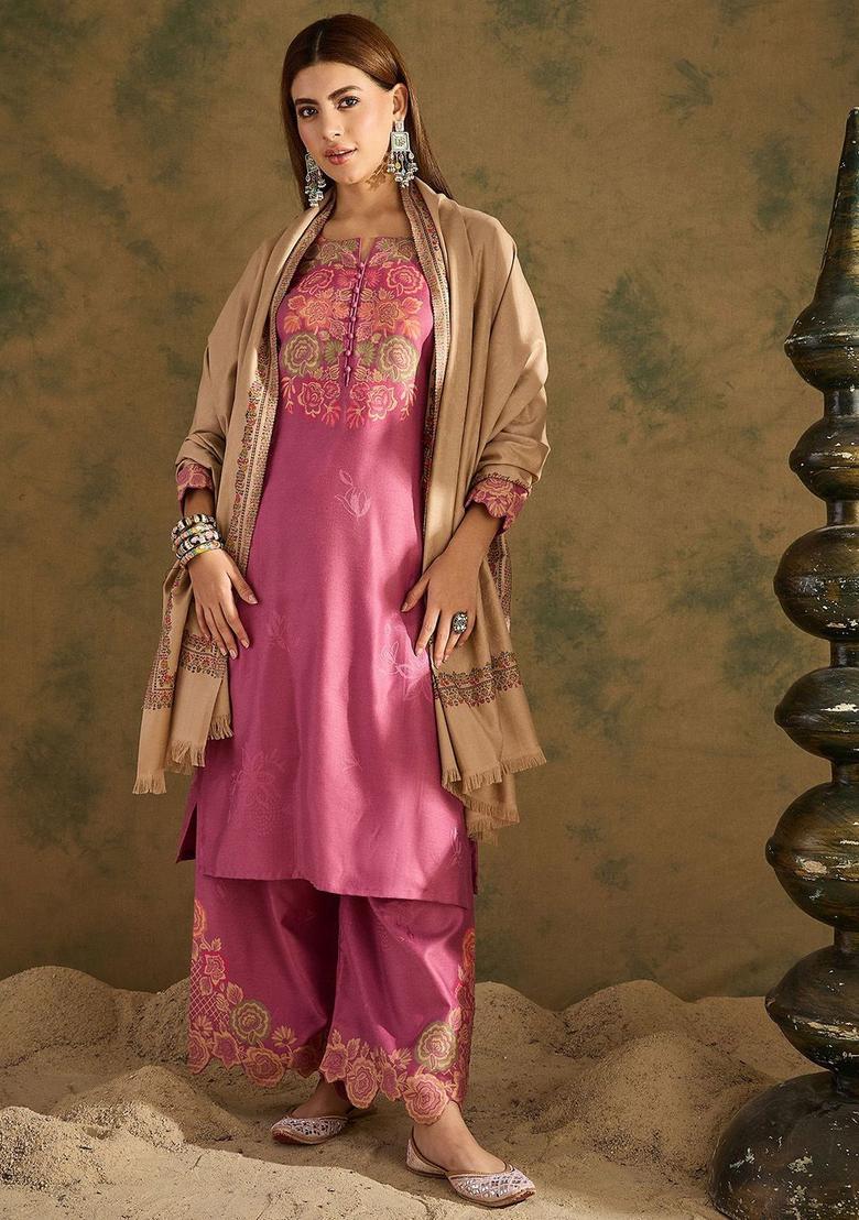 Beige Woven Design Woolen Shawls - Indya
