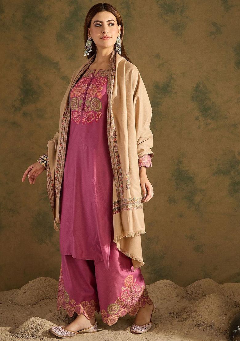 Beige Woven Design Woolen Shawls - Indya