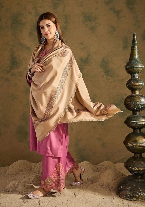 Beige Woven Design Woolen Shawls