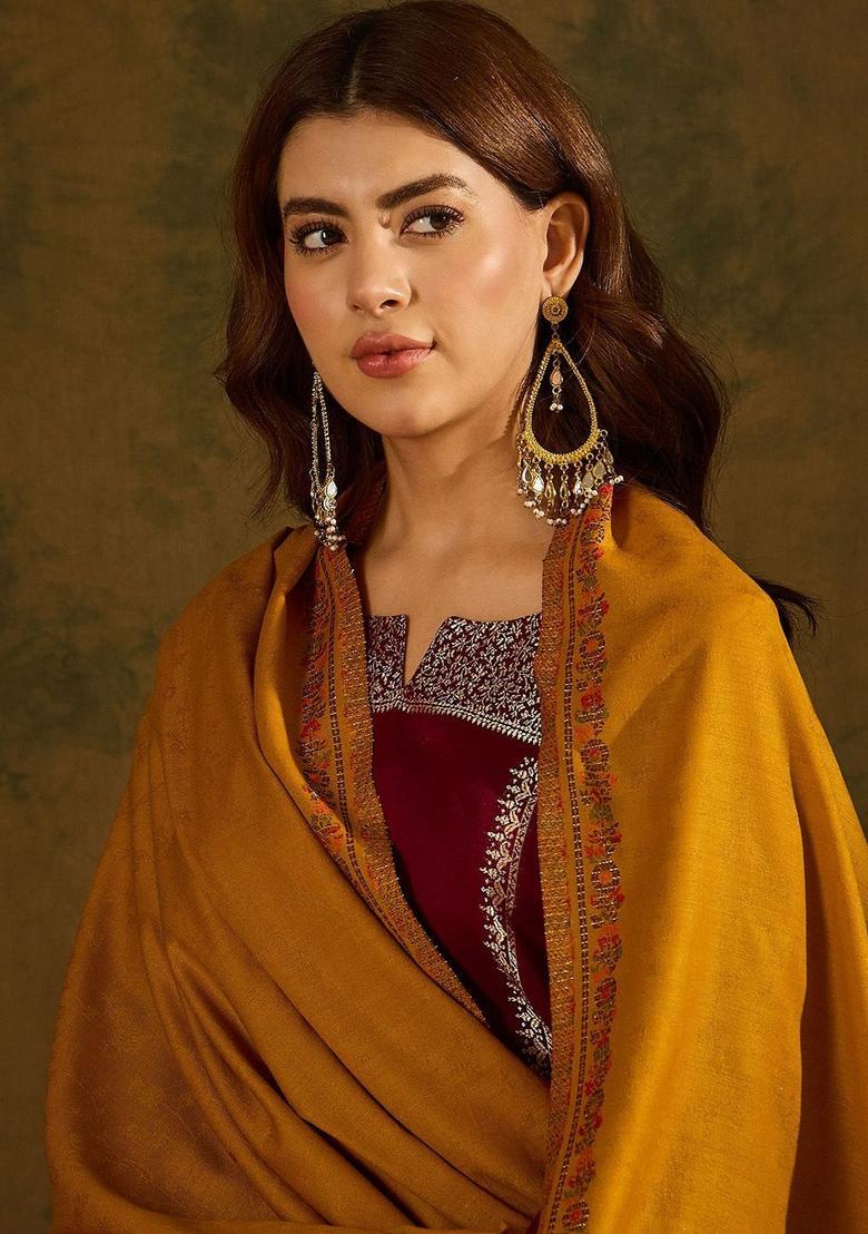 Mustard Woven Design Woolen Shawls - Indya