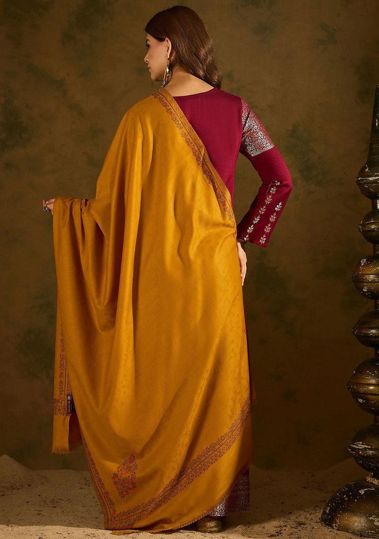 Mustard Woven Design Woolen Shawls - Indya