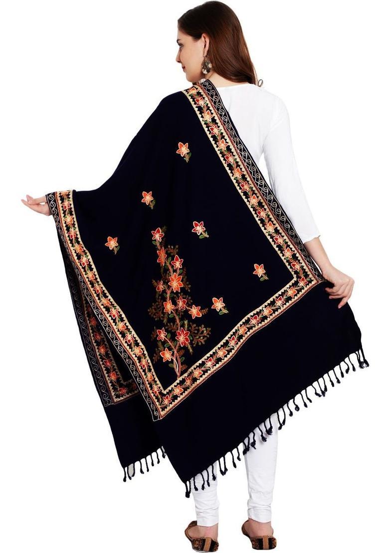 Black Embroidered Woolen Shawls - Indya