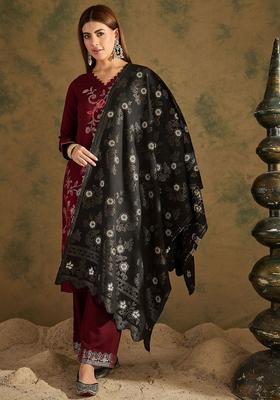 Black Floral Woolen Shawls
