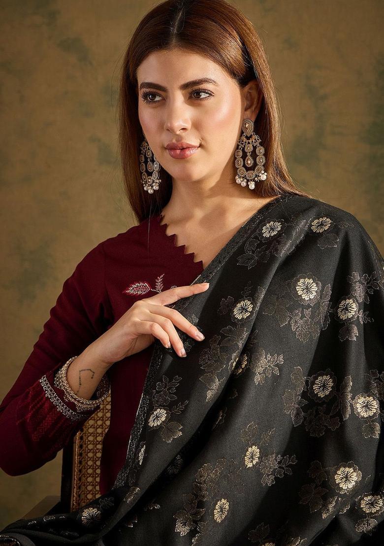 Black Floral Woolen Shawls - Indya