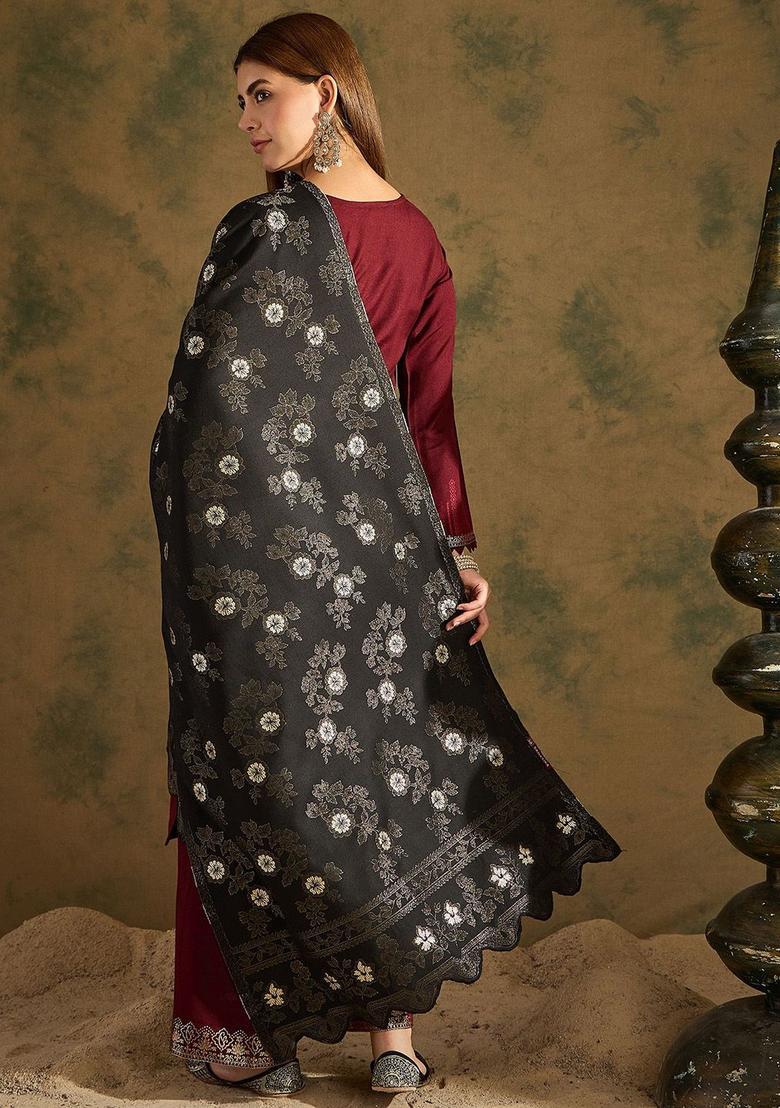 Black Floral Woolen Shawls - Indya