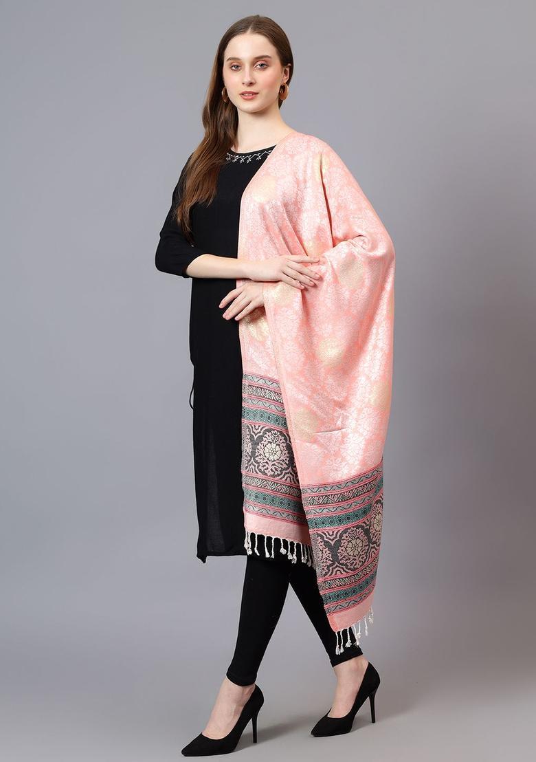 Black Floral Woolen Shawls - Indya