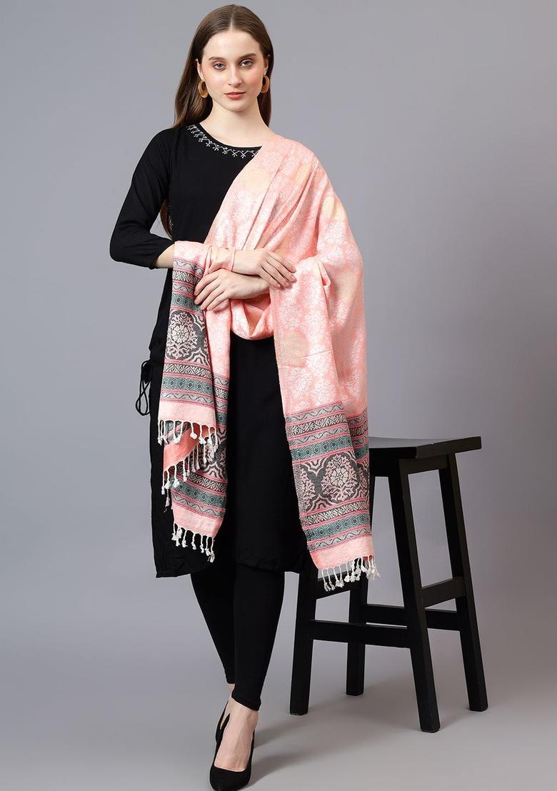 Black Floral Woolen Shawls - Indya