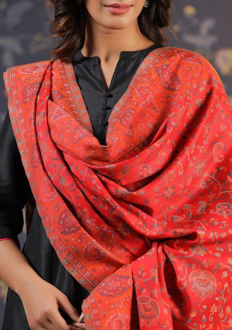 Red Woven Design Woolen Shawls - Indya