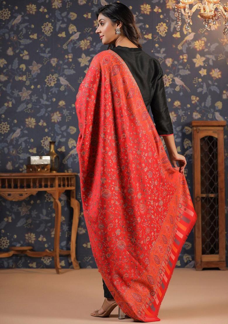 Red Woven Design Woolen Shawls - Indya