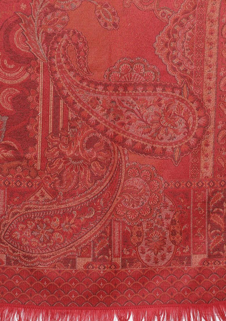 Red Woven Design Woolen Shawls - Indya