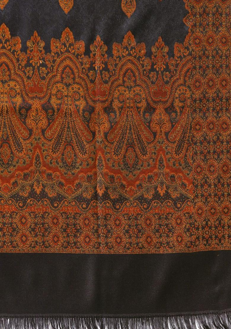Black Woven Design Woolen Shawls - Indya