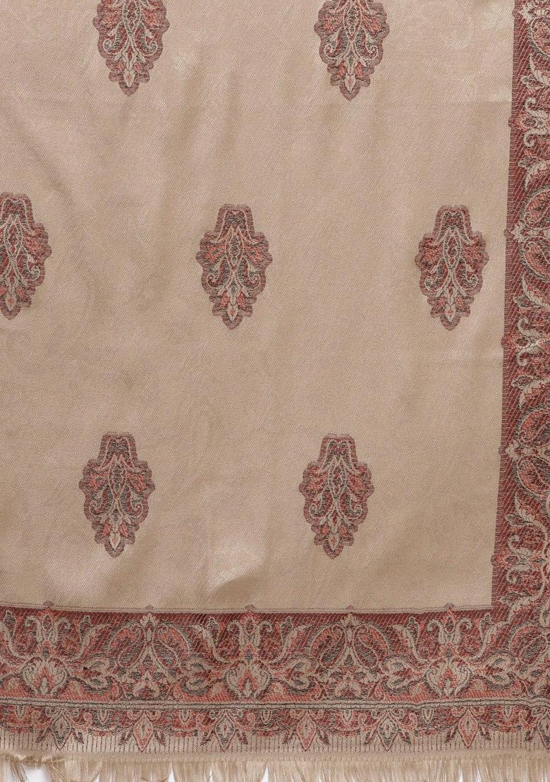 Beige Woven Design Woolen Shawls - Indya