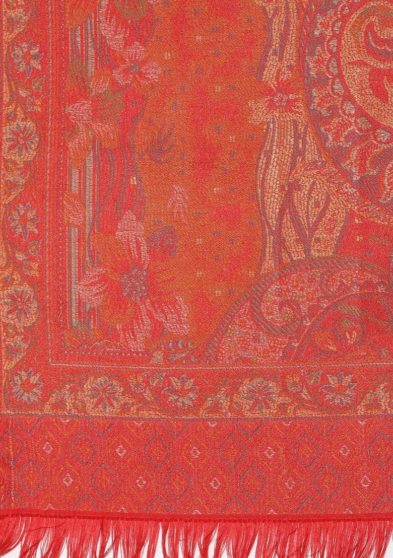 Red Woven Design Woolen Shawls - Indya
