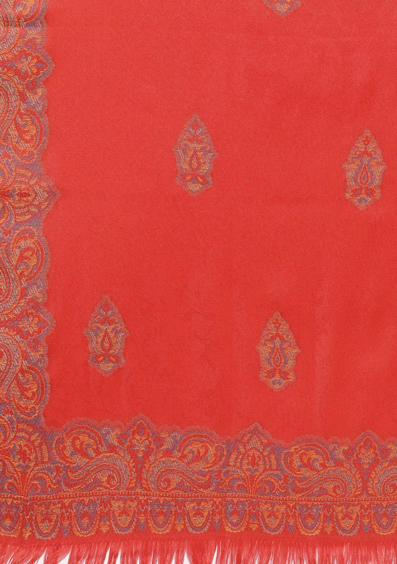 Red Woven Design Woolen Shawls - Indya