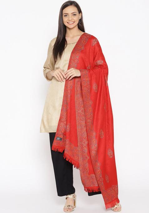 Red Woven Design Woolen Shawls