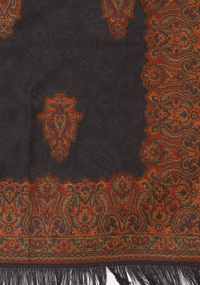 Black Woven Design Woolen Shawls - Indya