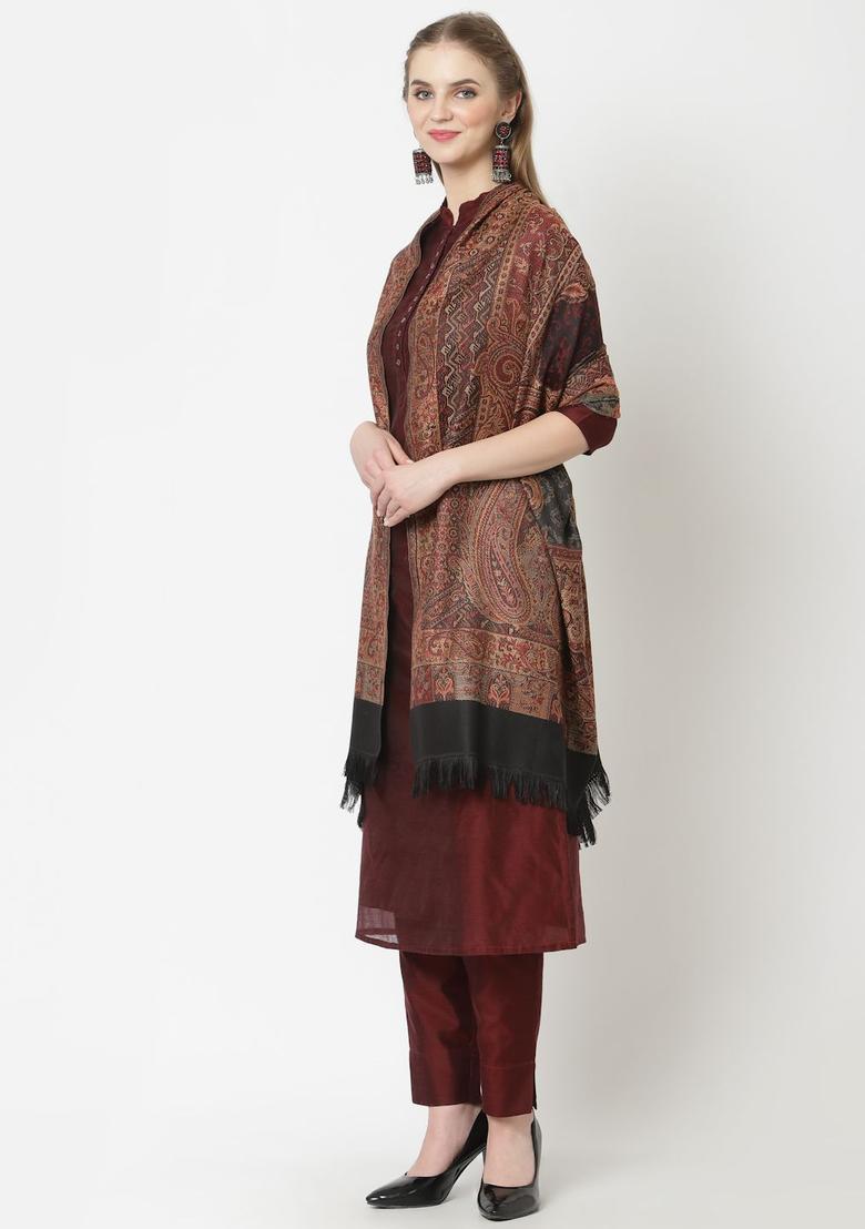 Beige Woven Design Woolen Shawls - Indya