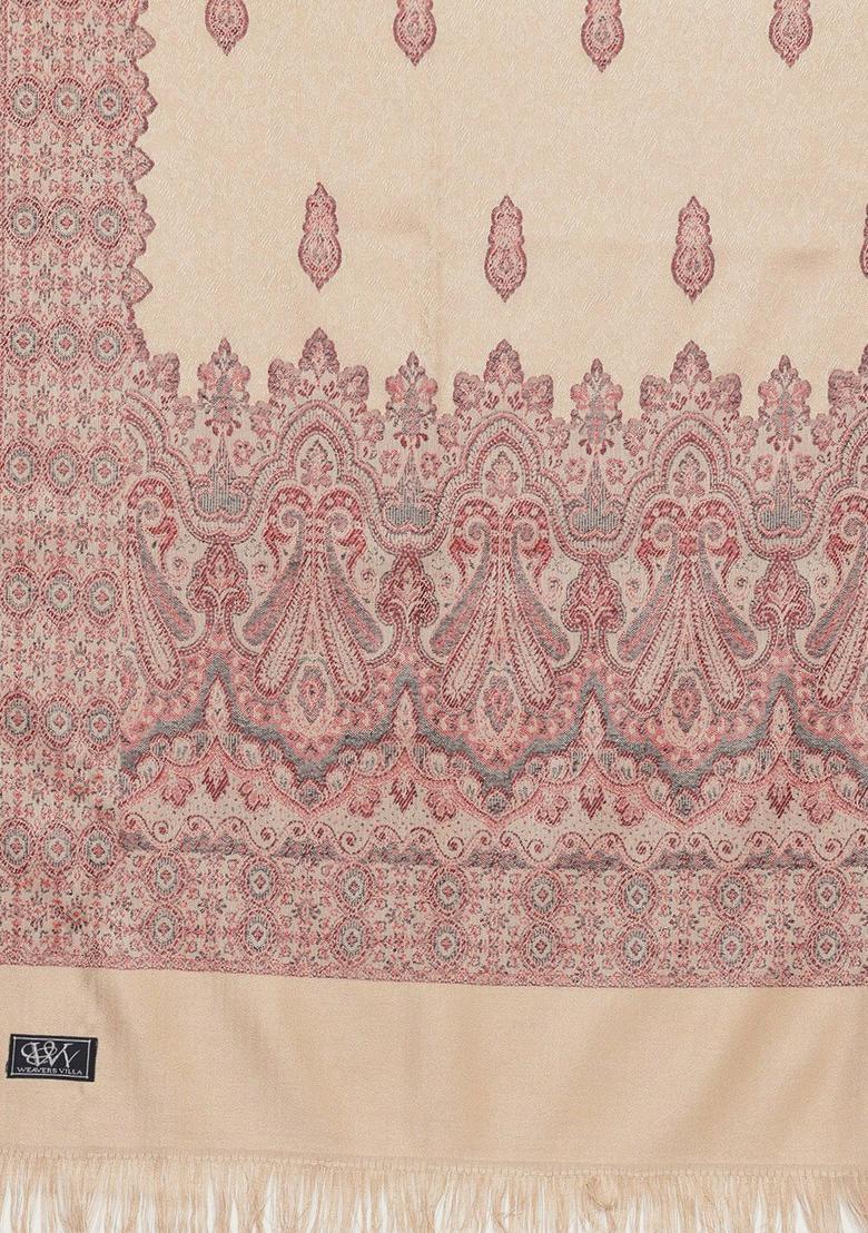 Beige Woven Design Woolen Shawls - Indya