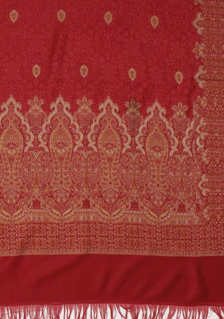 Red Woven Design Woolen Shawls - Indya