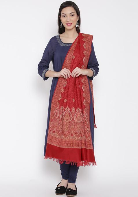 Red Woven Design Woolen Shawls