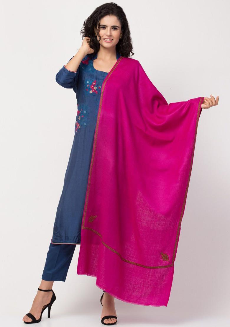 Magenta Embroidered Woolen Shawls - Indya