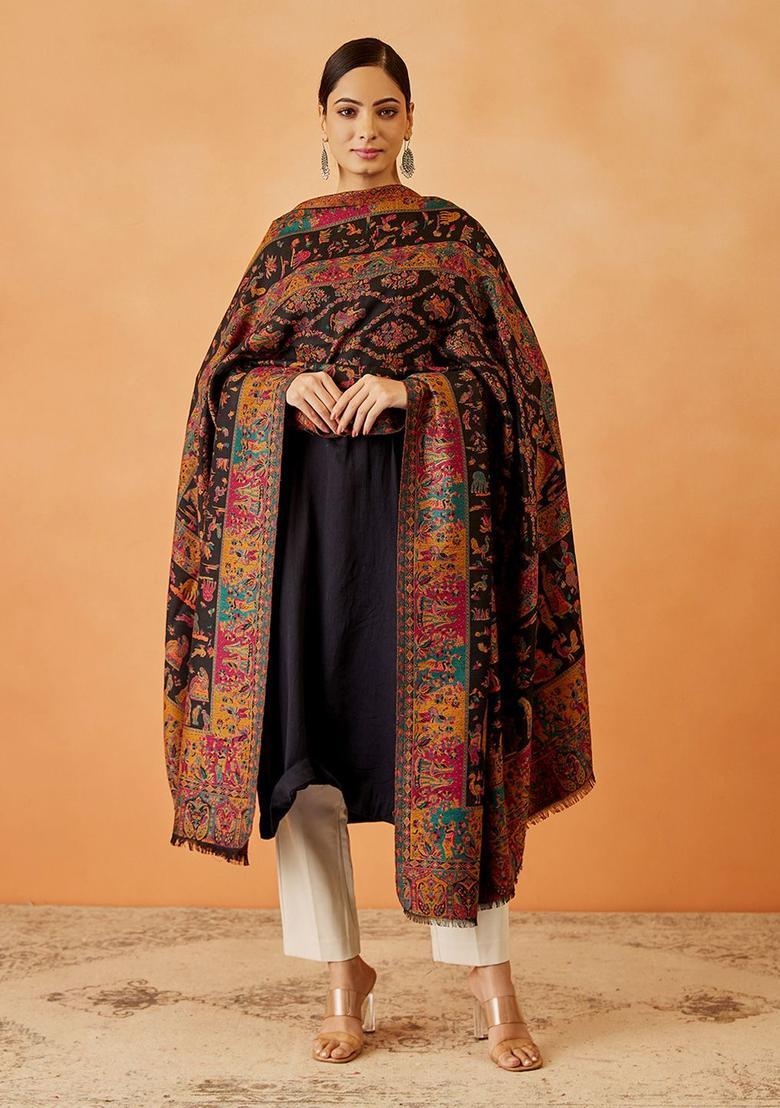Black Paisley Woolen Shawls - Indya