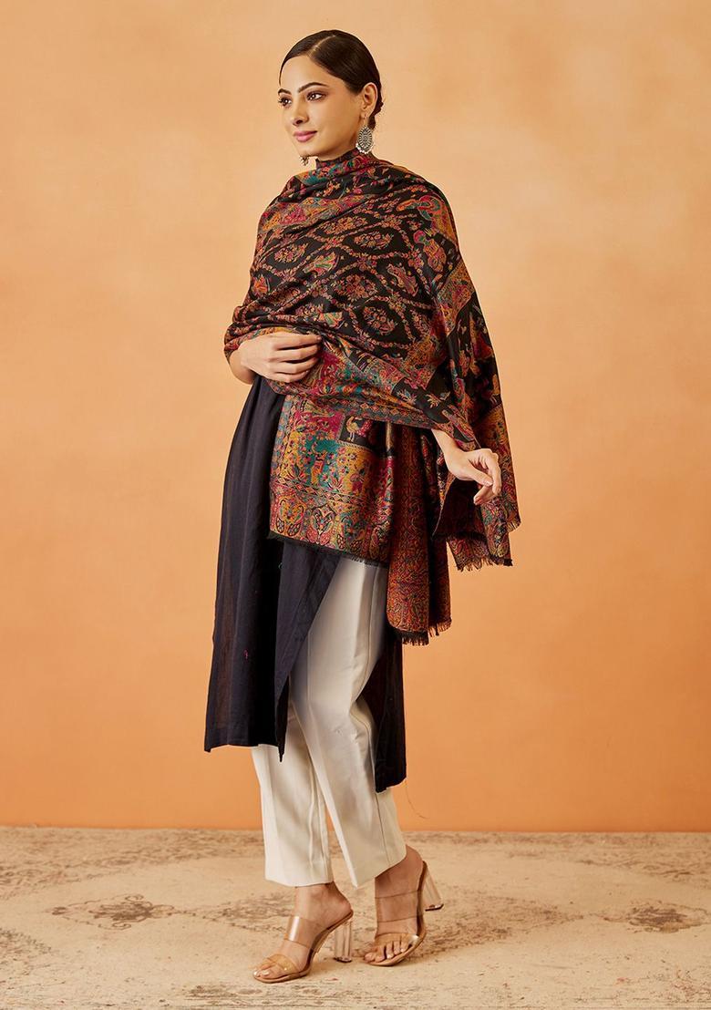 Black Paisley Woolen Shawls - Indya