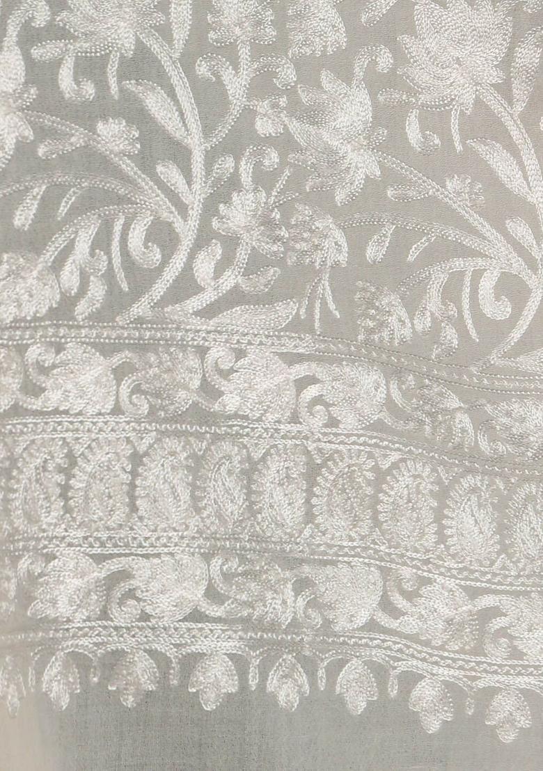 Off White Embroidered Woolen Shawls - Indya