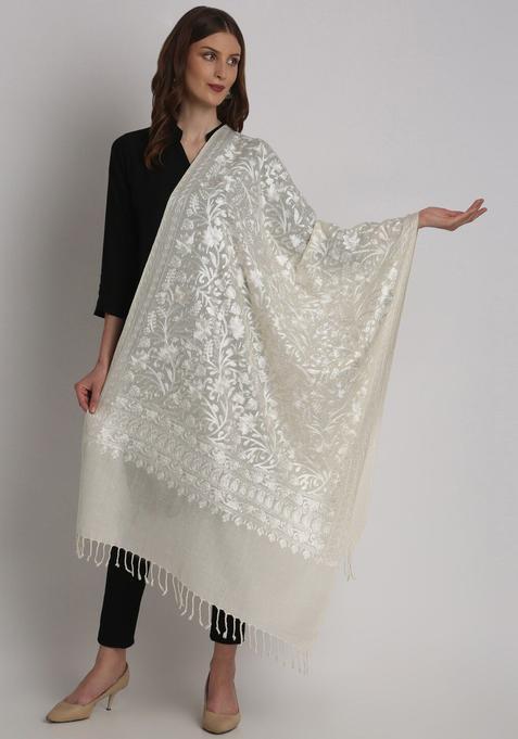Off White Embroidered Woolen Shawls