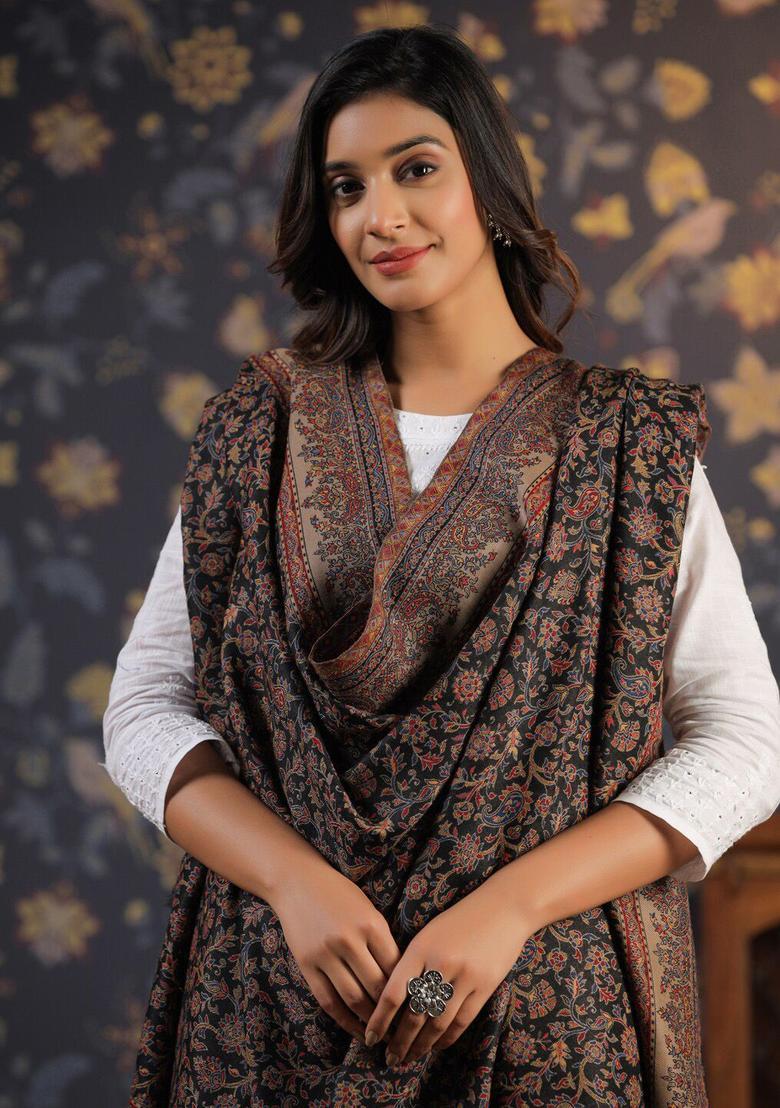 Black Woven Design Woolen Shawls - Indya