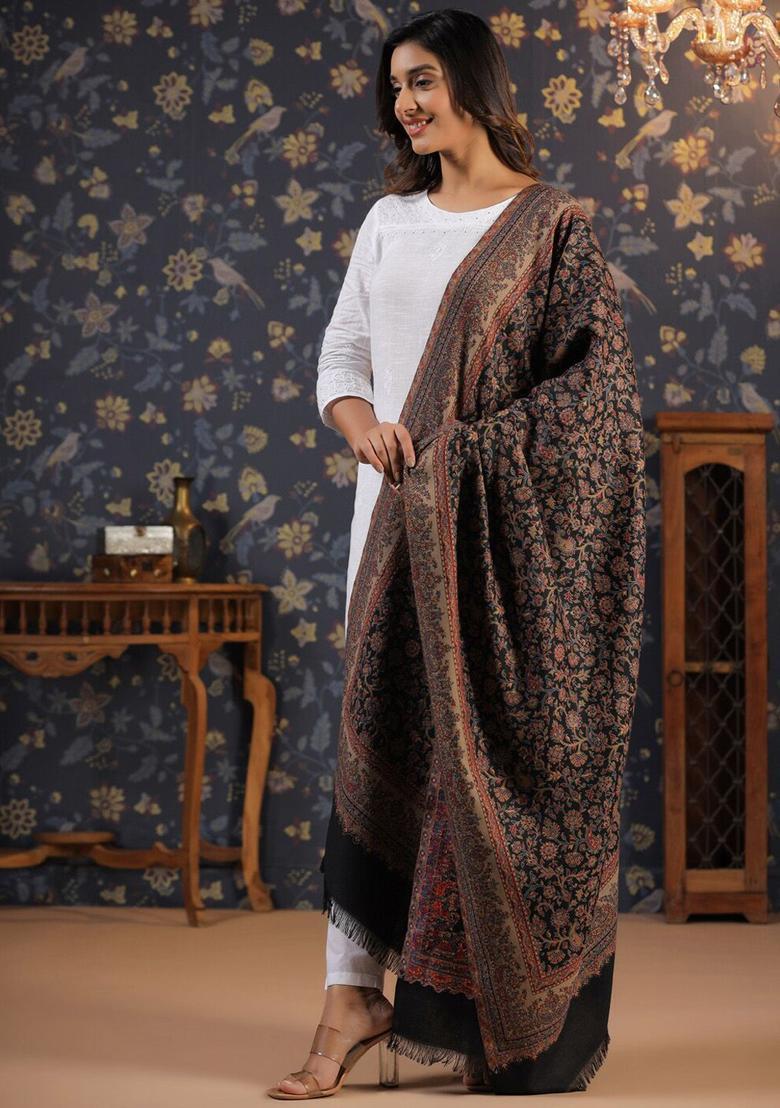 Black Woven Design Woolen Shawls - Indya