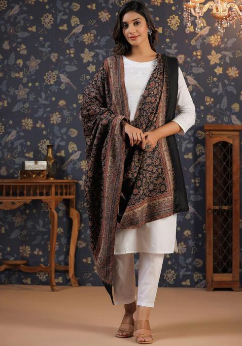 Black Woven Design Woolen Shawls