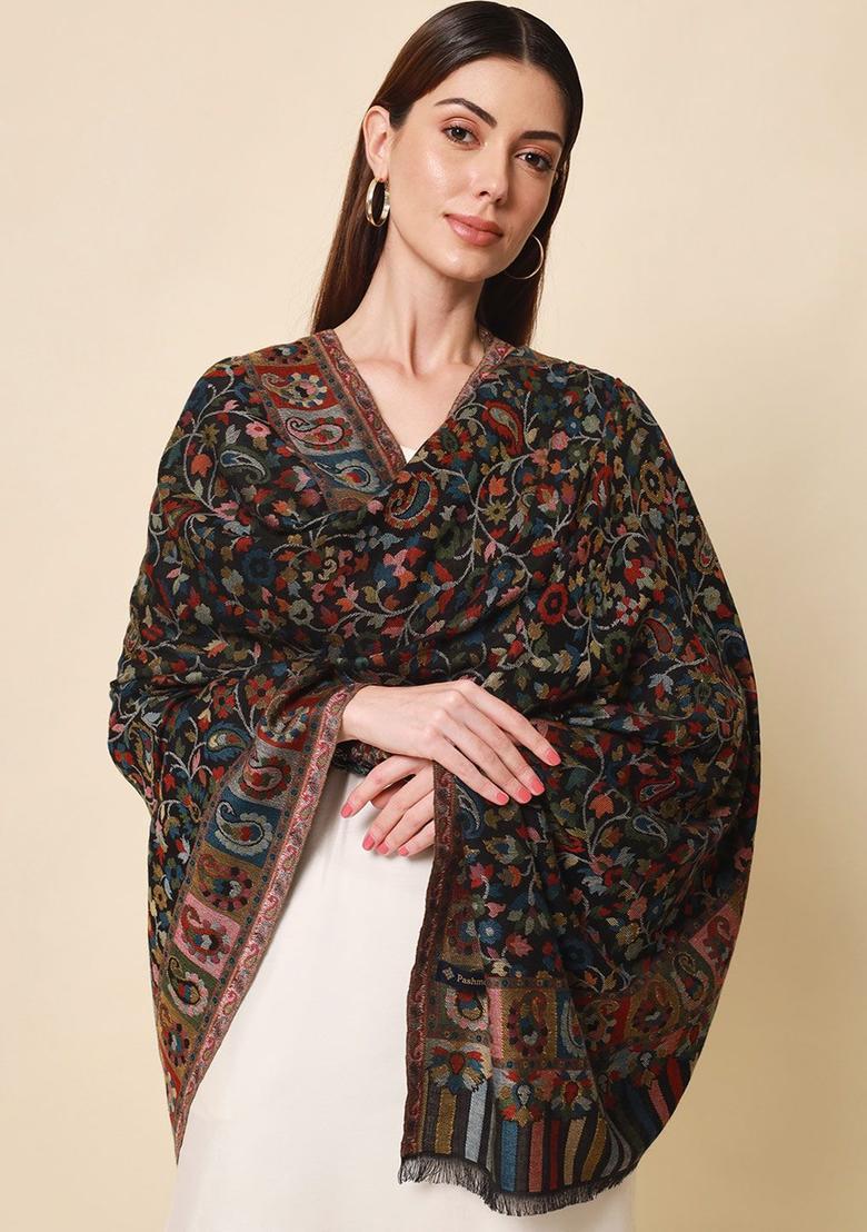 Black Floral Woolen Shawls - Indya