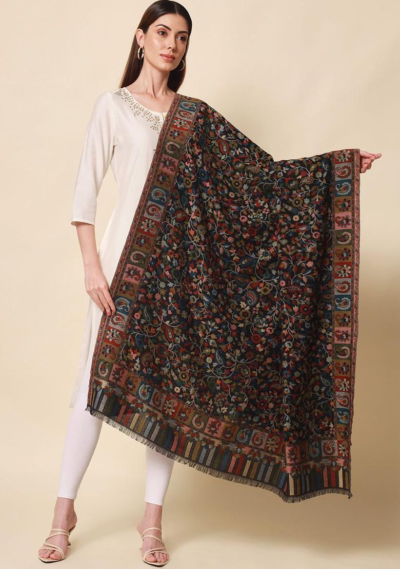 Black Floral Woolen Shawls - Indya