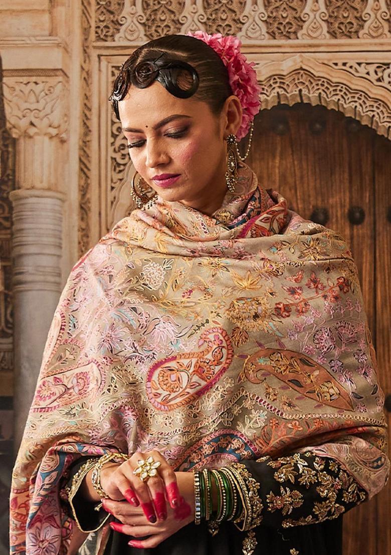 Beige Floral Woolen Shawls - Indya