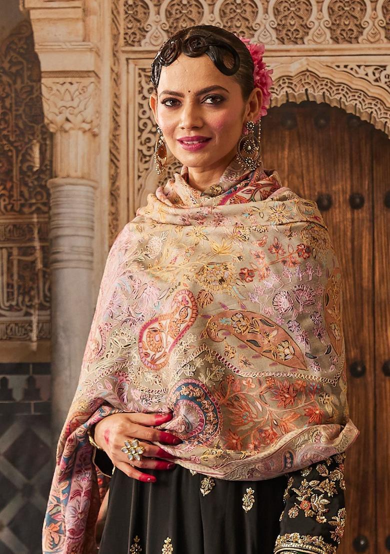 Beige Floral Woolen Shawls - Indya