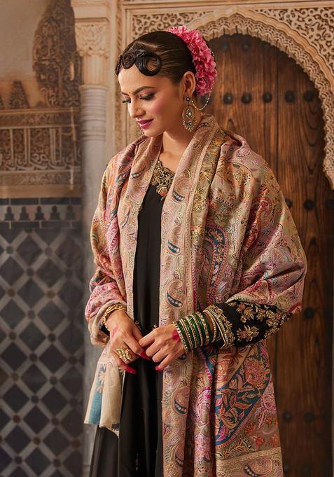 Beige Floral Woolen Shawls