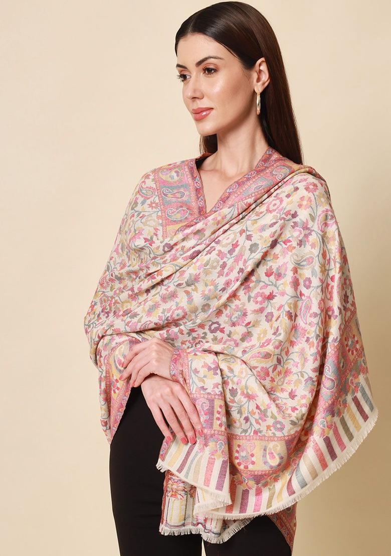 White Floral Woolen Shawls - Indya