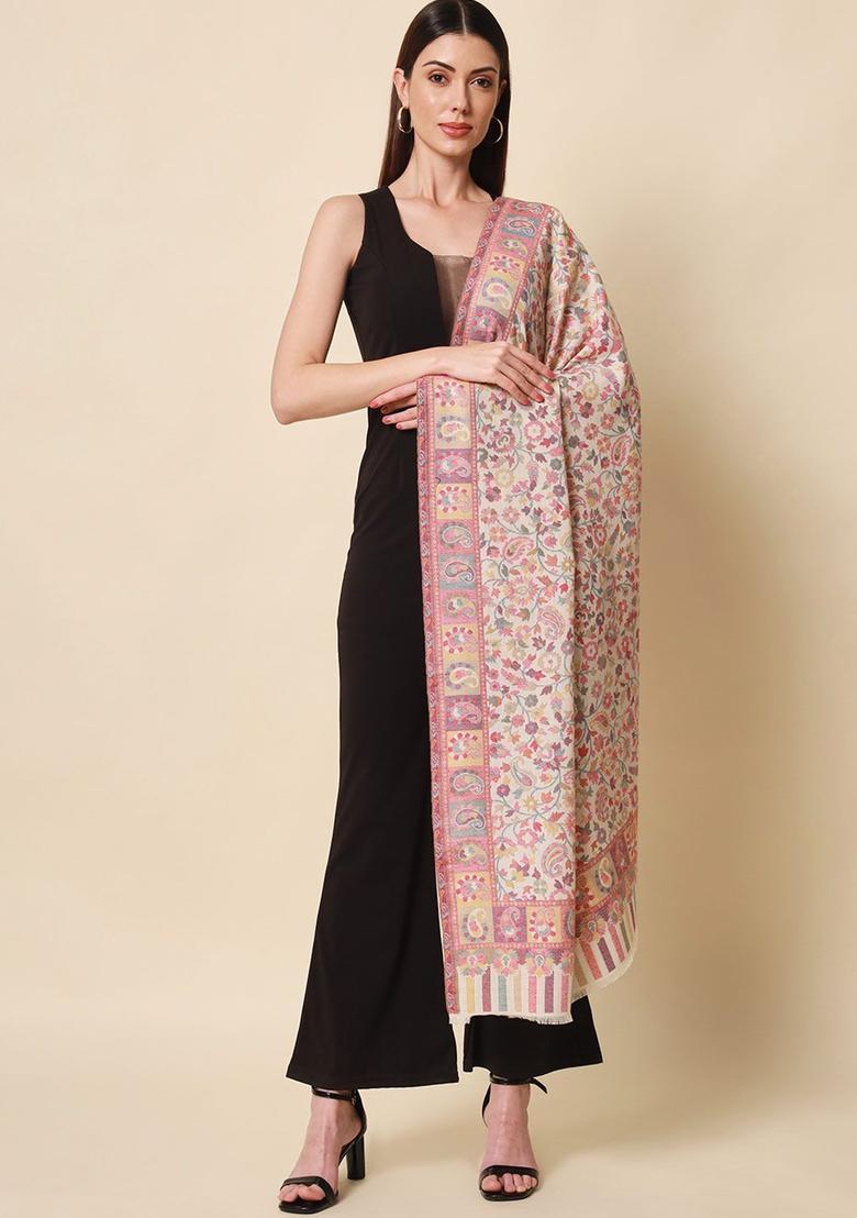 White Floral Woolen Shawls - Indya