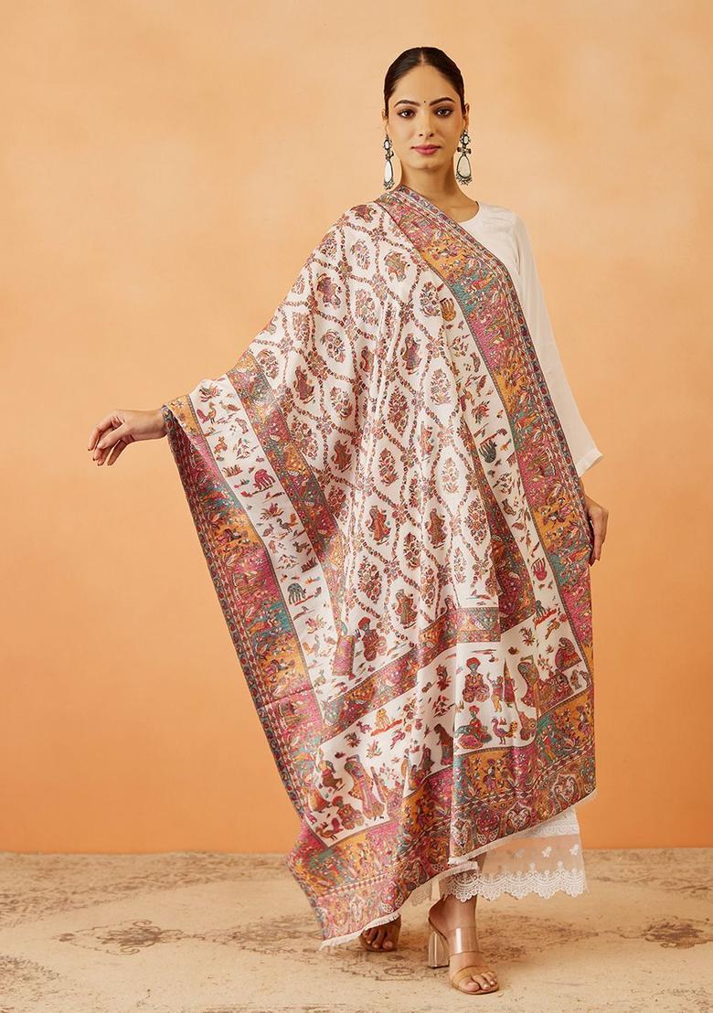 White Paisley Woolen Shawls - Indya